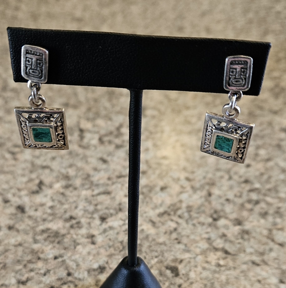 Malachite Mayan Warrior God 925 Sterling Silver Earrings Vintage Real Stone